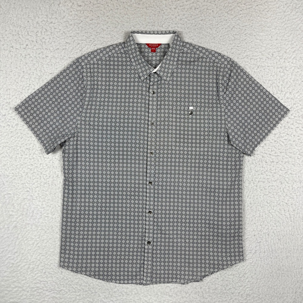 Guess Button Down Shirt Mens Large Black White Geometric Short Sleeve Casual